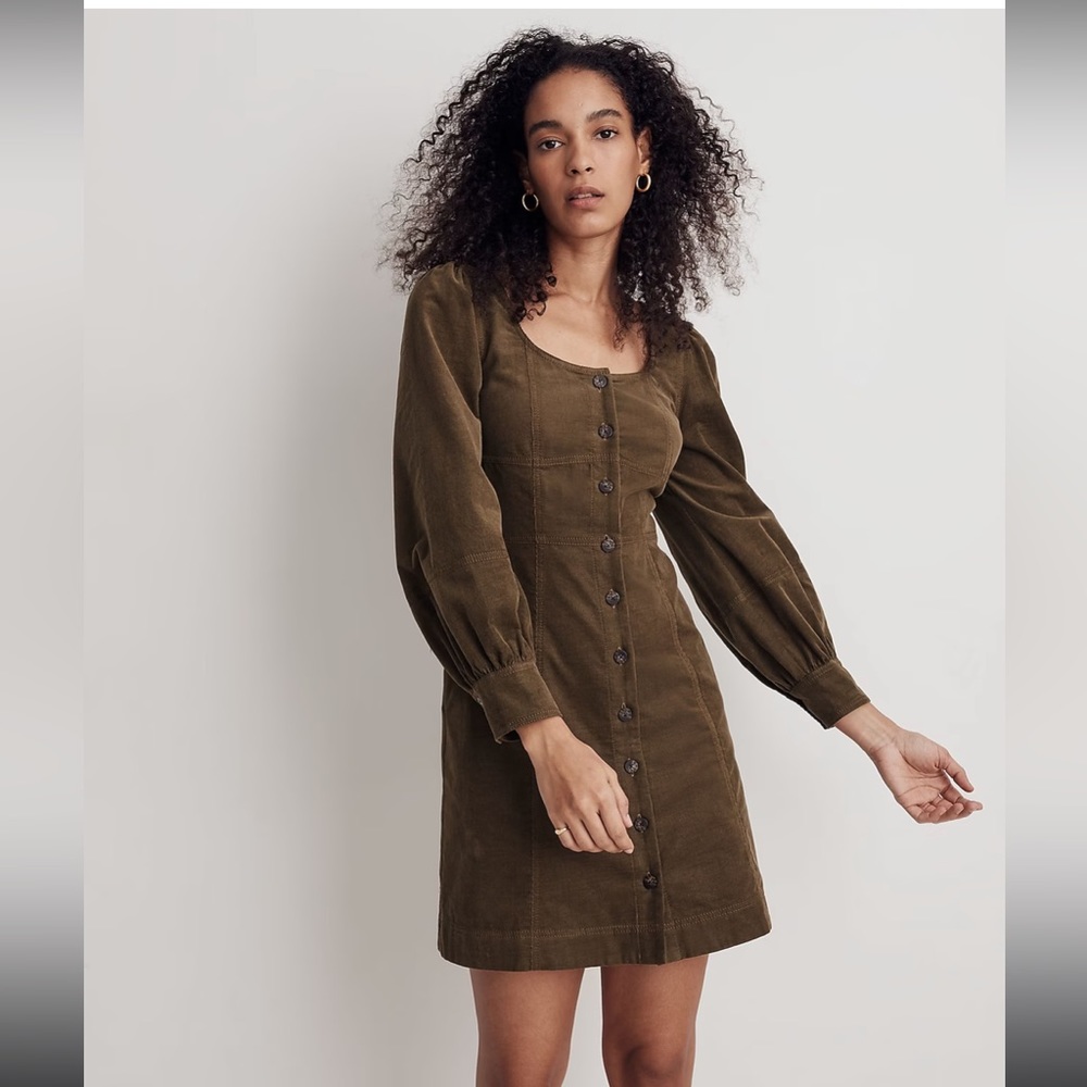 Madewell Corduroy Seamed Longsleeve Mini Dress kale Sz 2 balloon sleeve …